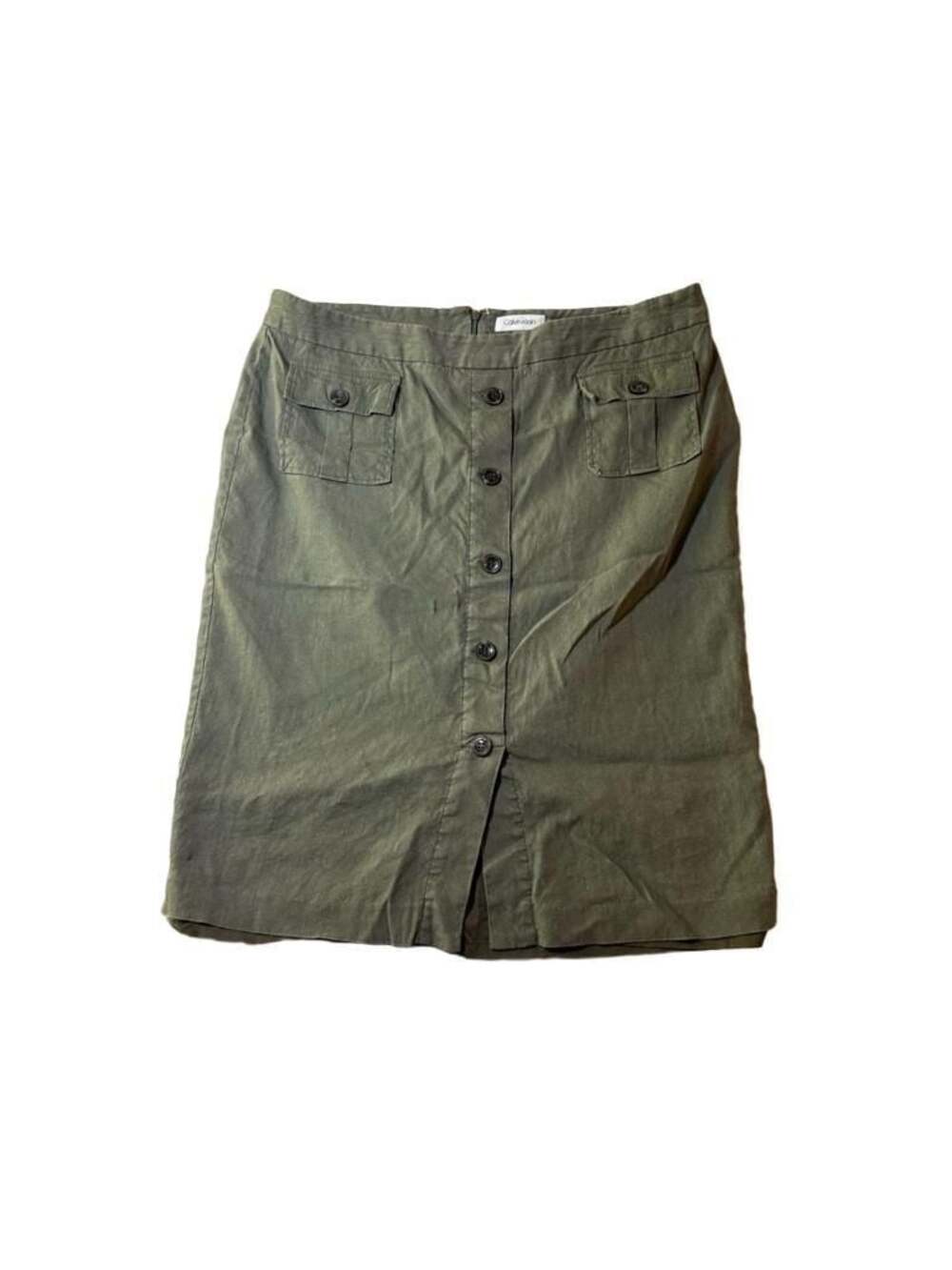 Calvin Klein Olive Green Linen Blend Button Front Cargo Pencil Skirt Size 12